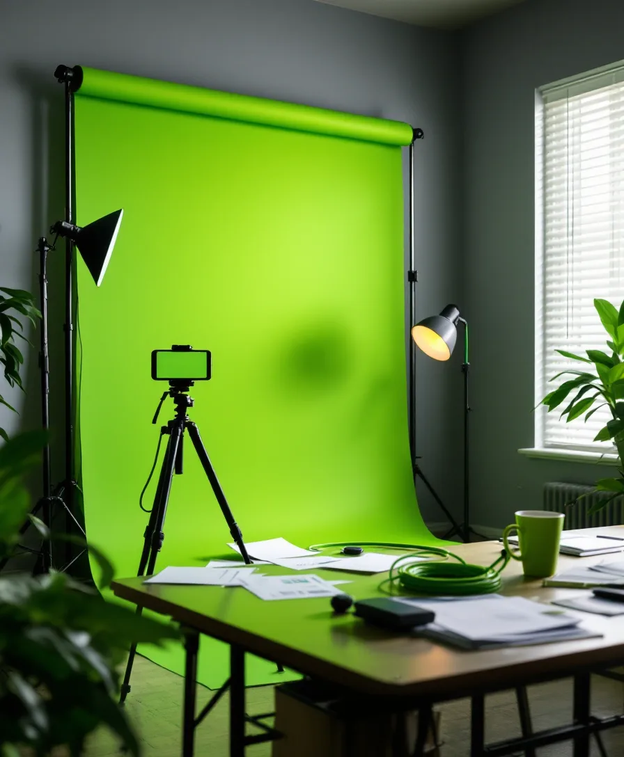 The Ziptie Social studio: a seamless green backdrop, tripod, and printed content calendar