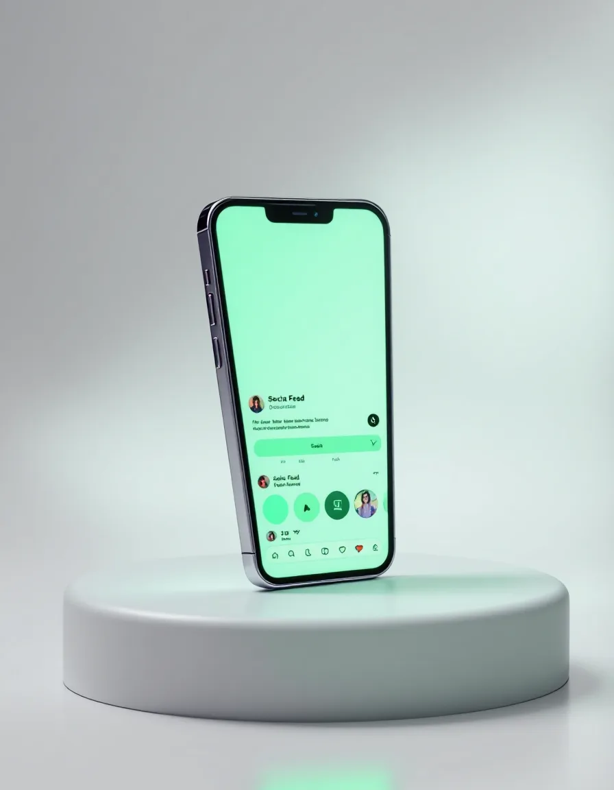 A smartphone on a studio backdrop showing a branded content feed